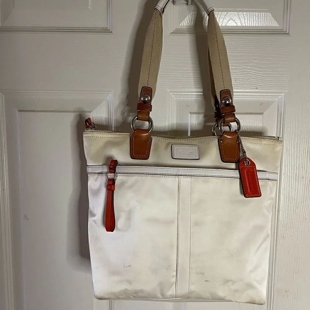 Coach Hampton Beige satin and orange accents satchel with silver tone hardwares